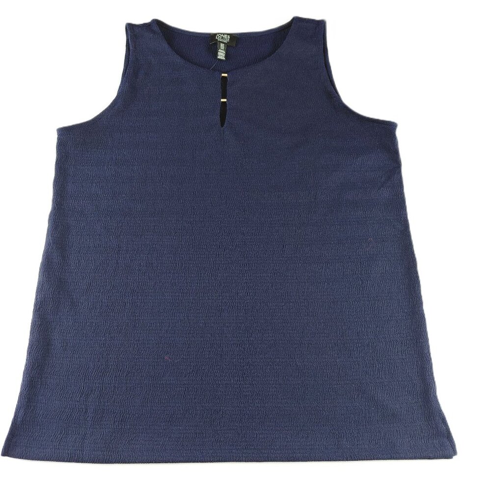 Jones New York Sleeveless Crepe Blouse Women's Medium Navy Blue Gold Tone Bars